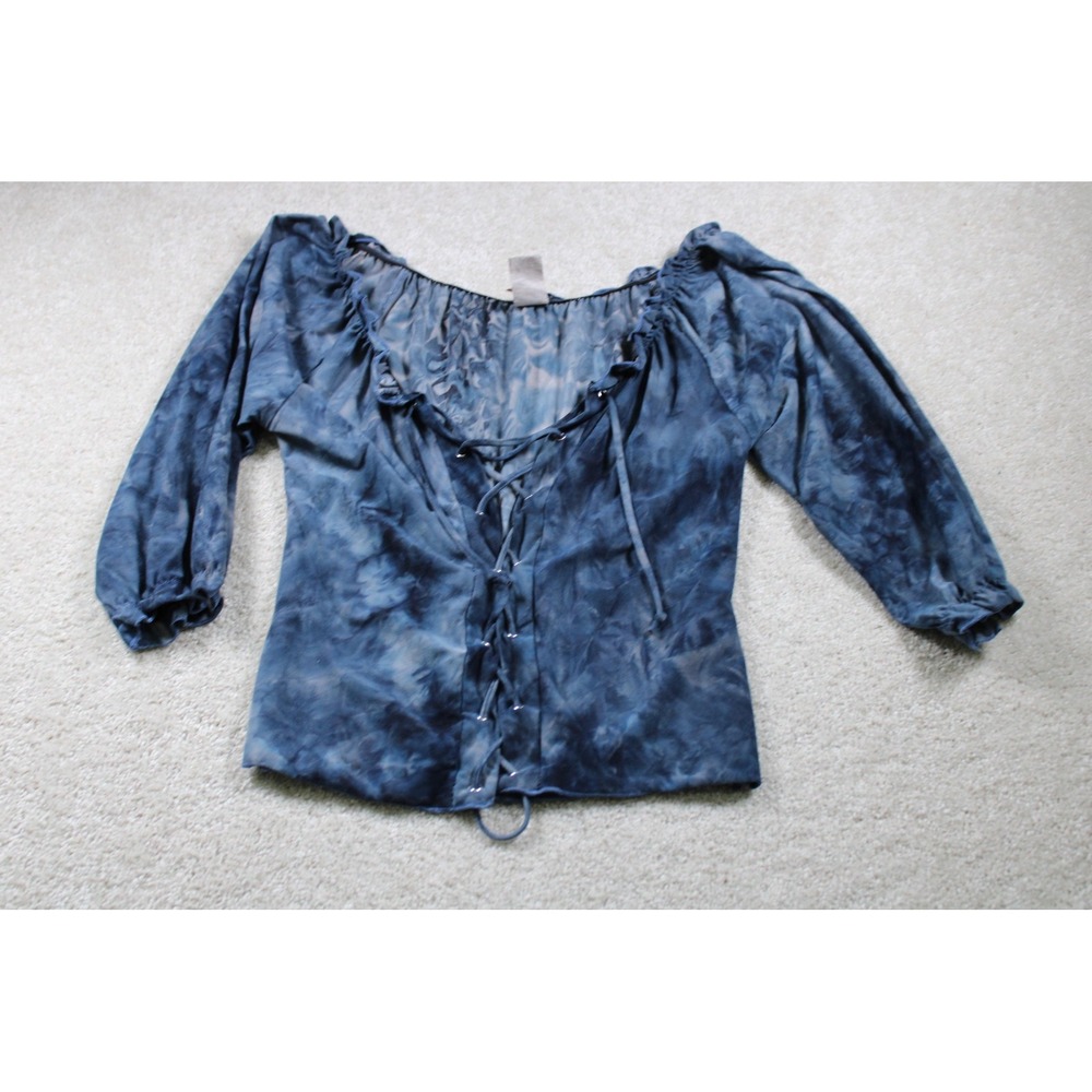 HOT Shirt Womens S Blue Tie Dye Lace Up Peasant Goth Renaissance Blouse Whimsy